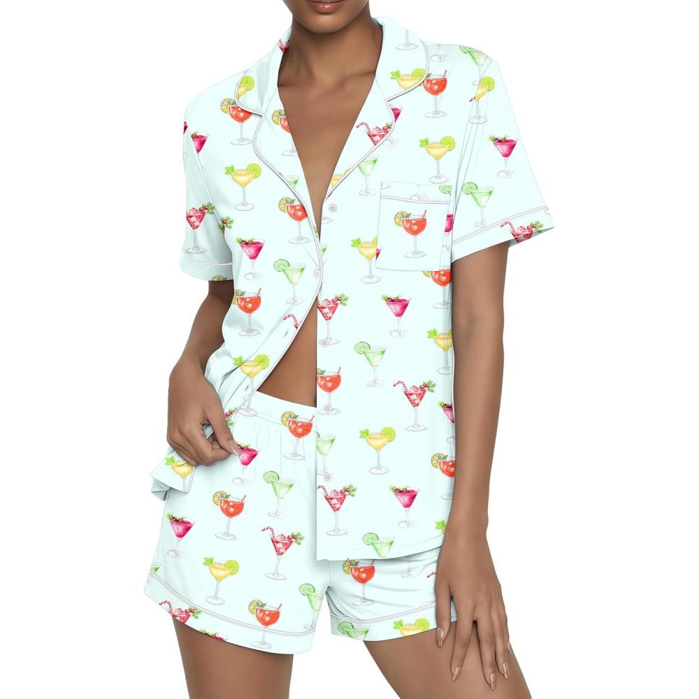 imageEkouaer Womens Pajama Sets Button Up Summer Cute Pjs 2 Piece Short Sleeve Sleepwear Lounge Set SXXLLight Green With Wine Glass