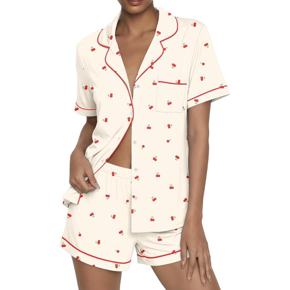imageEkouaer Womens Pajama Sets Button Up Summer Cute Pjs 2 Piece Short Sleeve Sleepwear Lounge Set SXXLLight Yellow With Cherry