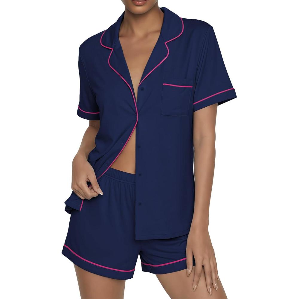 imageEkouaer Womens Pajama Sets Button Up Summer Cute Pjs 2 Piece Short Sleeve Sleepwear Lounge Set SXXLNavy Blue