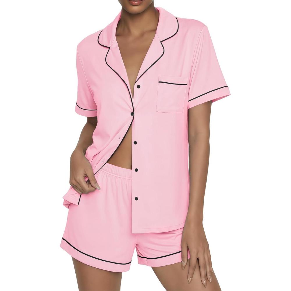 imageEkouaer Womens Pajama Sets Button Up Summer Cute Pjs 2 Piece Short Sleeve Sleepwear Lounge Set SXXLPink
