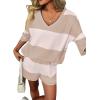 Ekouaer Two Piece Sets for Women Summer Lounge Sets 2026 Striped Shirts and Shorts Set Oversized Matching Outfit(Beige White Combo)