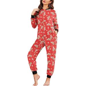 Ekouaer Christmas Onesie Fleece Long Sleeve Adult One Piece Pajamas for Women Zipper Pjs with Pocket S-XXL(Reindeer Red)