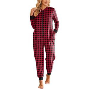 Ekouaer Christmas Onesie Fleece Long Sleeve Hooded One Piece Pajamas for Women Zipper Pjs with Pocket S-XXL(Red Candy)