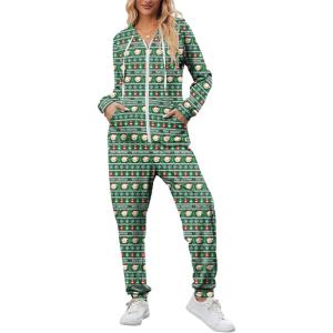 Ekouaer Christmas Onesies for Women Zipper Hooded Onesie Pajamas Adult Soft One Piece Pajama with Pockets(Green Teddy Bear Pattern)