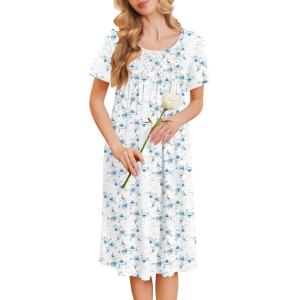Ekouaer Cotton Nightgowns for Women Short Sleeve House Dress Pleated Night Gown Button Sleep Shirt Ladies Nightdress(Floral Blue White)