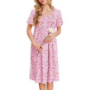 Ekouaer Cotton Nightgowns for Women Short Sleeve House Dress Pleated Night Gown Button Sleep Shirt Ladies Nightdress(Floral Pink)