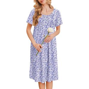 Ekouaer Cotton Nightgowns for Women Short Sleeve House Dress Pleated Night Gown Button Sleep Shirt Ladies Nightdress(Floral Purple)
