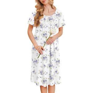 Ekouaer Cotton Nightgowns for Women Short Sleeve House Dress Pleated Night Gown Button Sleep Shirt Ladies Nightdress(Floral Purple White)