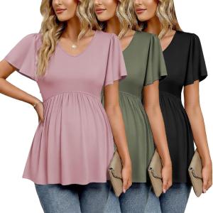 Ekouaer Maternity Shirts 3 Packs Flying Short Sleeve Maternity Tops V Neck T-Shirt Pregnancy Clothes S-XXL(Black/Army Green/Dirty Pink)