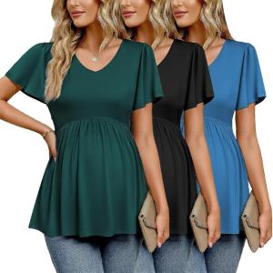 Ekouaer Maternity Shirts 3 Packs Flying Short Sleeve Maternity Tops V Neck T-Shirt Pregnancy Clothes S-XXL(Black/Lake Blue/Lake Green)