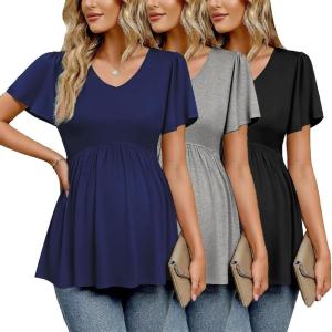 Ekouaer Maternity Shirts 3 Packs Flying Short Sleeve Maternity Tops V Neck T-Shirt Pregnancy Clothes S-XXL(Black/Navy Blue/Grey)