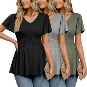 Ekouaer Maternity Shirts 3 Packs Flying Short Sleeve Maternity Tops V Neck T-Shirt Pregnancy Clothes S-XXL(Black/Olive Green/Grey)