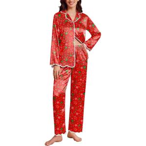 Ekouaer Satin Pajama Set Long Sleeve Button Down Pj Sets Ruffle Silk Valentine Pajamas for Women(Christmas-gingerbread Printed Pjs)