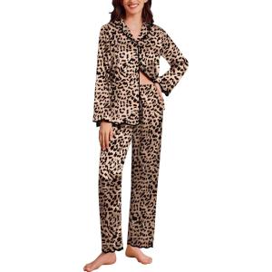 Ekouaer Satin Pajama Set Long Sleeve Button Down Pj Sets Ruffle Silk Valentine Pajamas for Women(Classic Leopard)