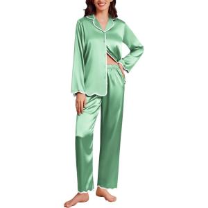 Ekouaer Satin Pajama Set Long Sleeve Button Down Pj Sets Ruffle Silk Valentine Pajamas for Women(Gossamer Green)
