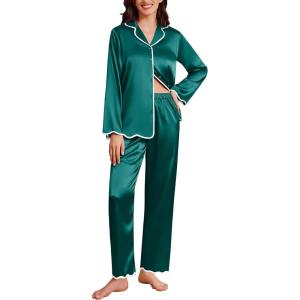 Ekouaer Satin Pajama Set Long Sleeve Button Down Pj Sets Ruffle Silk Valentine Pajamas for Women(Green)