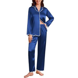 Ekouaer Satin Pajama Set Long Sleeve Button Down Pj Sets Ruffle Silk Valentine Pajamas for Women(Navy Blue)