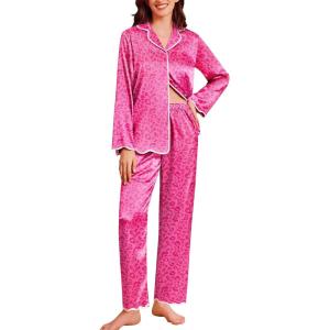 Ekouaer Satin Pajama Set Long Sleeve Button Down Pj Sets Ruffle Silk Valentine Pajamas for Women(Pink Leopard)