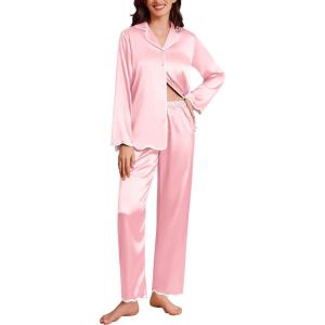 Ekouaer Satin Pajama Set Long Sleeve Button Down Pj Sets Ruffle Silk Valentine Pajamas for Women(Rose Pink)