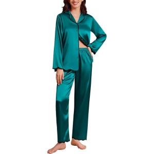 Ekouaer Satin Pajama Set Long Sleeve Button Down Pj Sets Ruffle Silk Valentine Pajamas for Women(Teal)