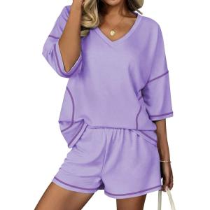 Ekouaer Two Piece Sets for Women Summer Lounge Sets 2026 Striped Shirts and Shorts Set Oversized Matching Outfit(Lilac)