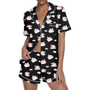 Ekouaer Womens Pajama Sets Button Up Summer Cute Pjs 2 Piece Short Sleeve Sleepwear Lounge Set S-XXL(Black With Elephant)