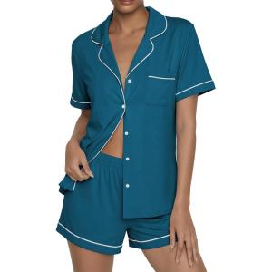 Ekouaer Womens Pajama Sets Button Up Summer Cute Pjs 2 Piece Short Sleeve Sleepwear Lounge Set S-XXL(Blue)