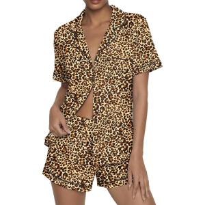 Ekouaer Womens Pajama Sets Button Up Summer Cute Pjs 2 Piece Short Sleeve Sleepwear Lounge Set S-XXL(Brown Leopard)