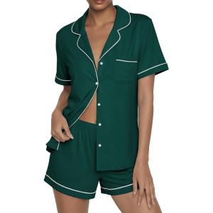 Ekouaer Womens Pajama Sets Button Up Summer Cute Pjs 2 Piece Short Sleeve Sleepwear Lounge Set S-XXL(Green)