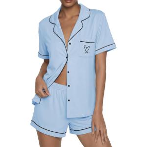 Ekouaer Womens Pajama Sets Button Up Summer Cute Pjs 2 Piece Short Sleeve Sleepwear Lounge Set S-XXL(Light Blue With Heart)