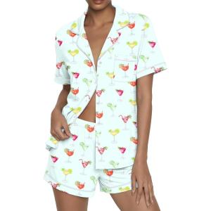 Ekouaer Womens Pajama Sets Button Up Summer Cute Pjs 2 Piece Short Sleeve Sleepwear Lounge Set S-XXL(Light Green With Wine Glass)