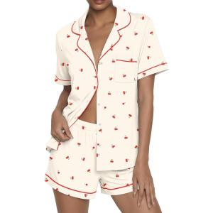 Ekouaer Womens Pajama Sets Button Up Summer Cute Pjs 2 Piece Short Sleeve Sleepwear Lounge Set S-XXL(Light Yellow With Cherry)