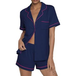 Ekouaer Womens Pajama Sets Button Up Summer Cute Pjs 2 Piece Short Sleeve Sleepwear Lounge Set S-XXL(Navy Blue)