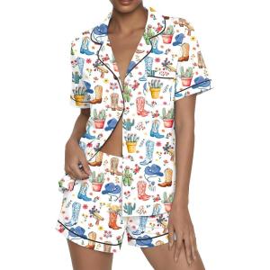 Ekouaer Womens Pajama Sets Button Up Summer Cute Pjs 2 Piece Short Sleeve Sleepwear Lounge Set S-XXL(White With Cartoon)