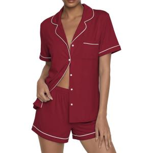 Ekouaer Womens Pajama Sets Button Up Summer Cute Pjs 2 Piece Short Sleeve Sleepwear Lounge Set S-XXL(Wine)