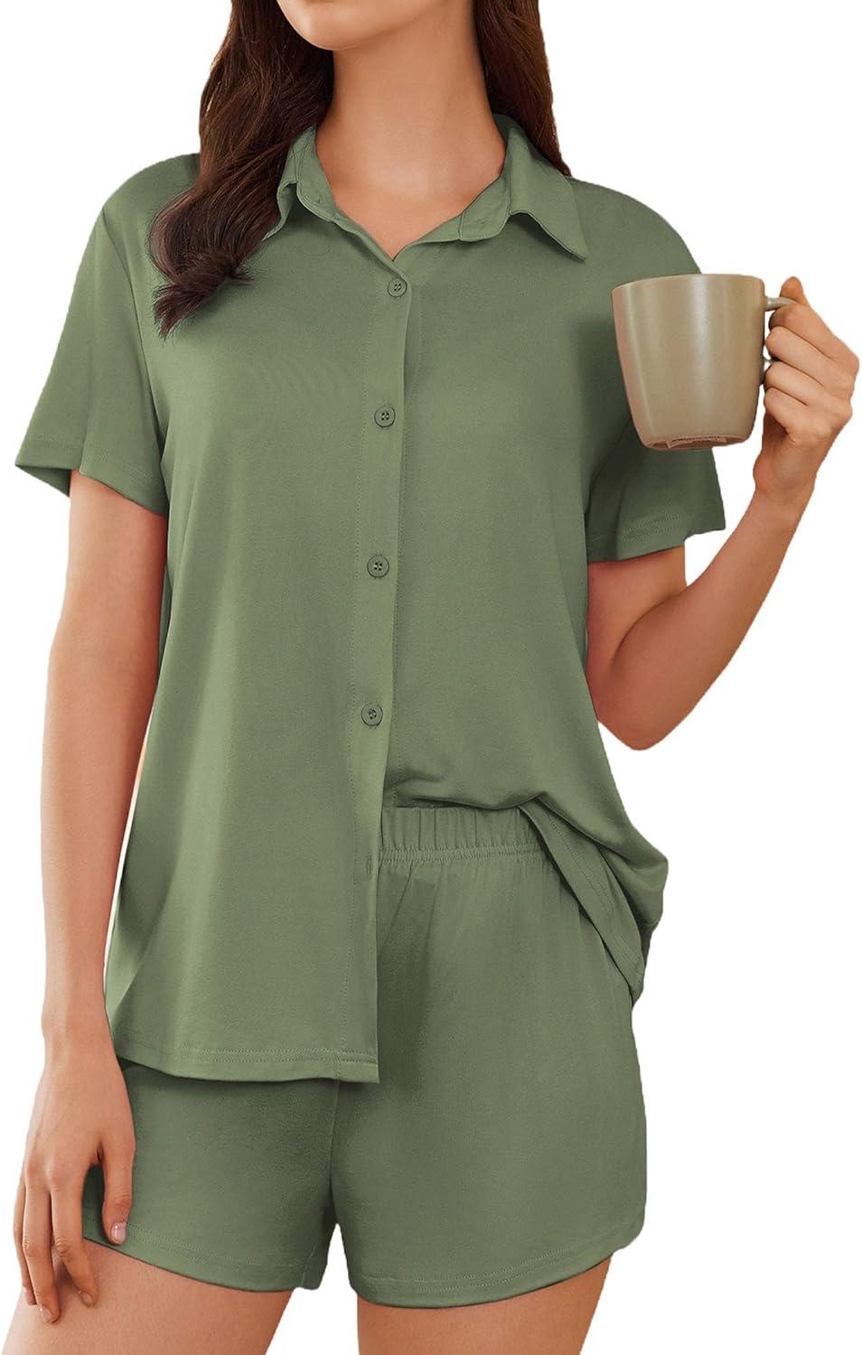 imageEkouaer Pajama for Women Set Short Sleeve Button Down Pajamas Sets Soft Lounge Sets for Women Sleepwear PJSArmy Green