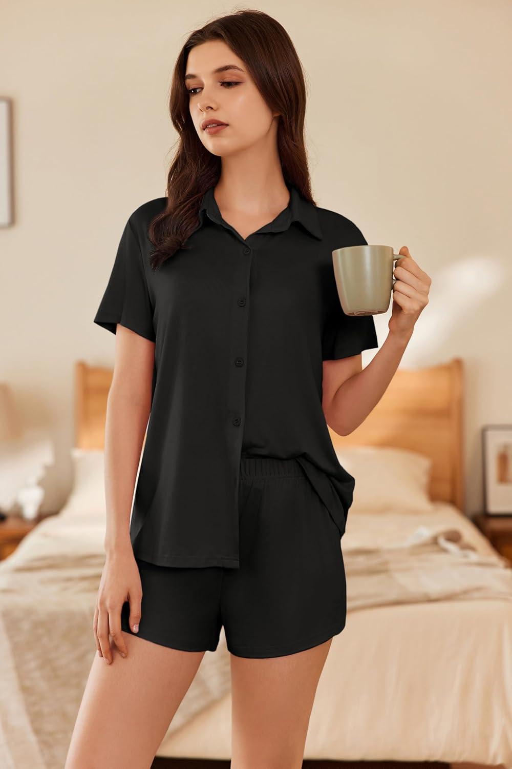 imageEkouaer Pajama for Women Set Short Sleeve Button Down Pajamas Sets Soft Lounge Sets for Women Sleepwear PJSBlack