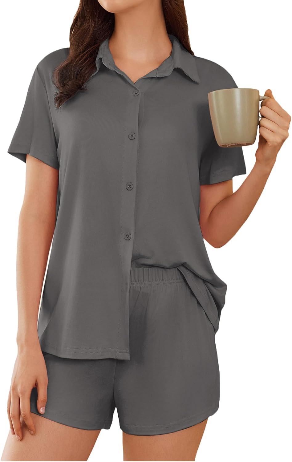 imageEkouaer Pajama for Women Set Short Sleeve Button Down Pajamas Sets Soft Lounge Sets for Women Sleepwear PJSGray