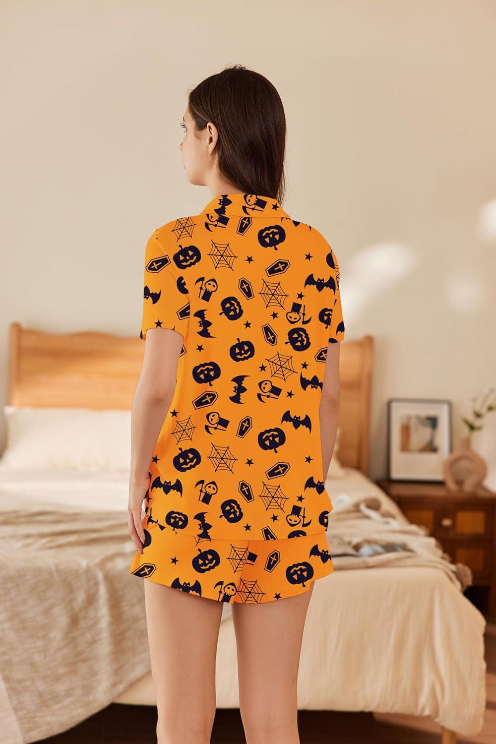 imageEkouaer Pajama for Women Set Short Sleeve Button Down Pajamas Sets Soft Lounge Sets for Women Sleepwear PJSHalloween
