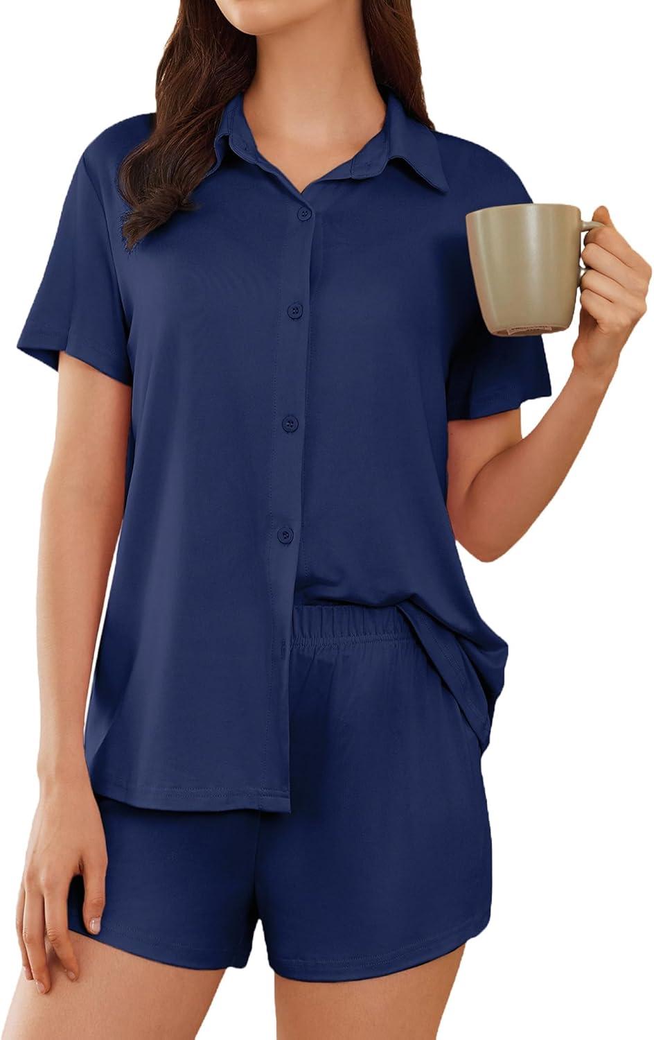 imageEkouaer Pajama for Women Set Short Sleeve Button Down Pajamas Sets Soft Lounge Sets for Women Sleepwear PJSNavy Blue