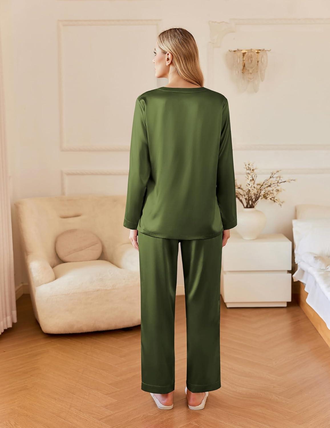 imageEkouaer Silk Pajamas For Women 2 Piece Set Satin Pjs Long Sleeve Button Up Sleepwear Comfy Lounge setsArmy Green