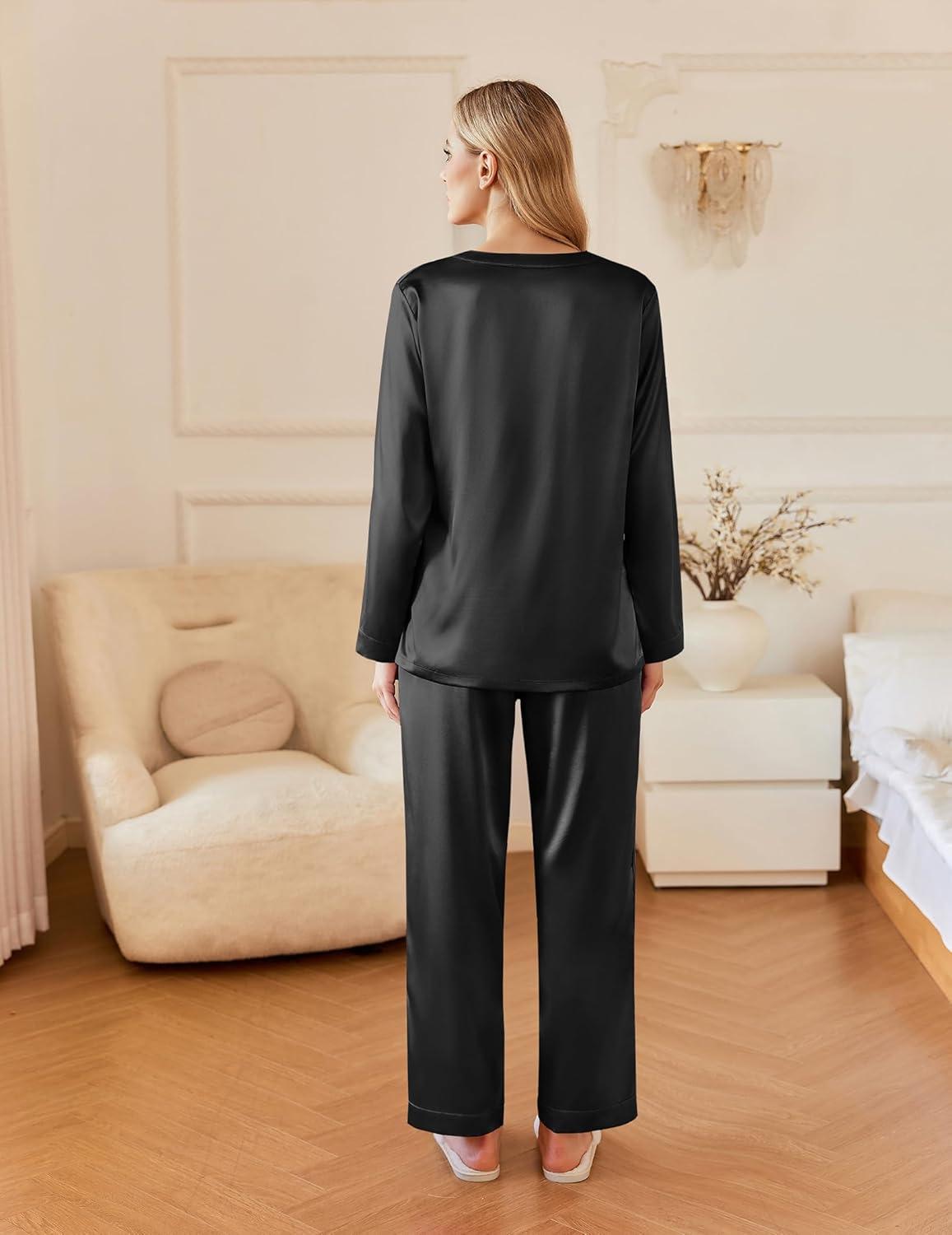 imageEkouaer Silk Pajamas For Women 2 Piece Set Satin Pjs Long Sleeve Button Up Sleepwear Comfy Lounge setsBlack