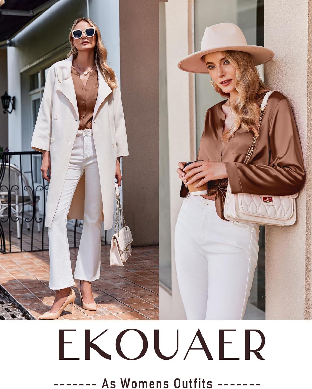 imageEkouaer Silk Pajamas For Women 2 Piece Set Satin Pjs Long Sleeve Button Up Sleepwear Comfy Lounge setsBrown