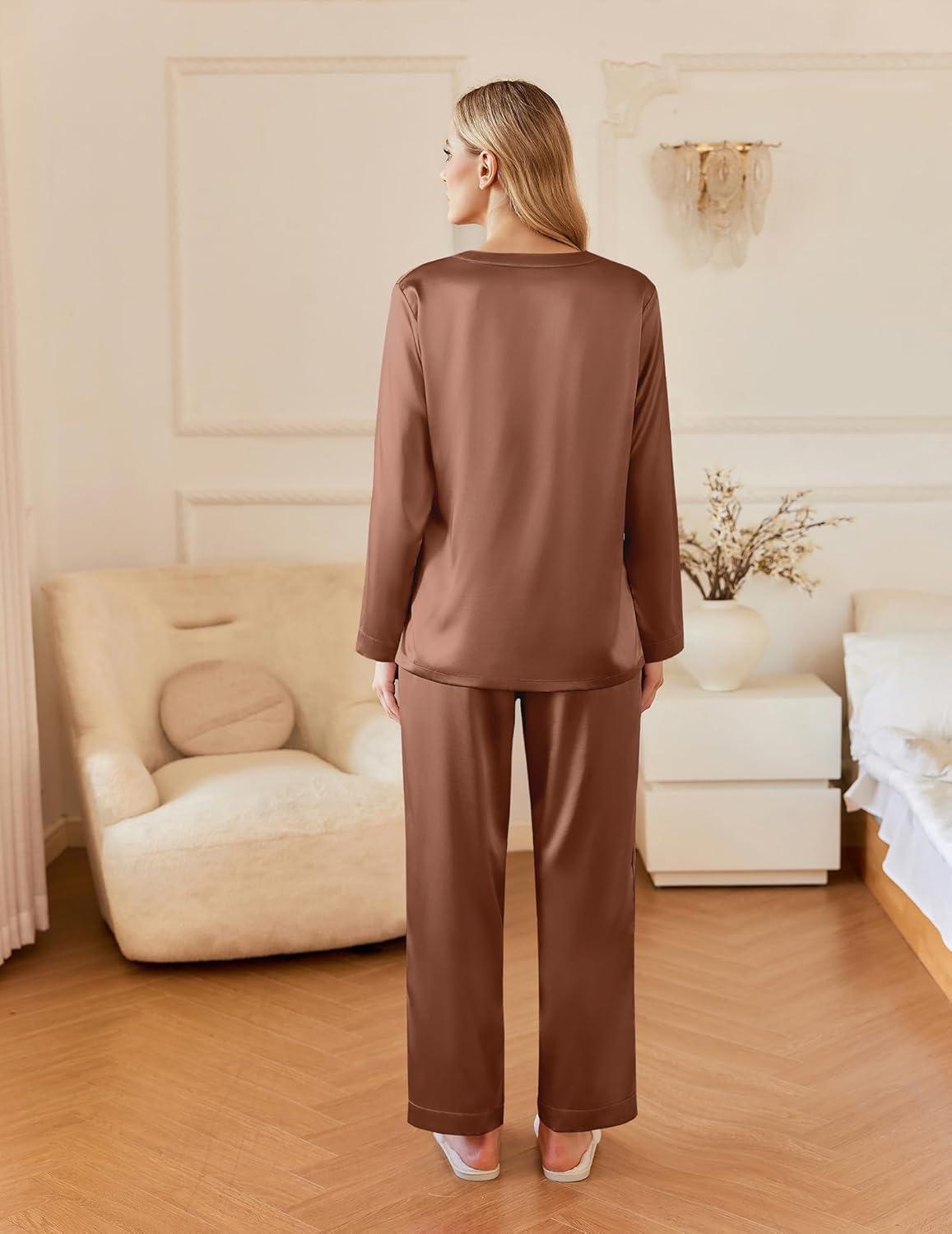 imageEkouaer Silk Pajamas For Women 2 Piece Set Satin Pjs Long Sleeve Button Up Sleepwear Comfy Lounge setsBrown
