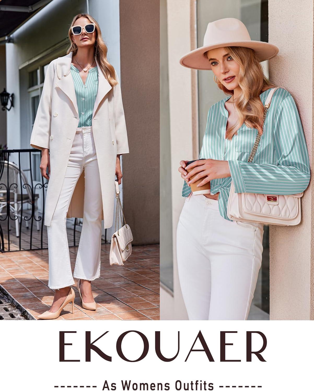 imageEkouaer Silk Pajamas For Women 2 Piece Set Satin Pjs Long Sleeve Button Up Sleepwear Comfy Lounge setsGreen Striped