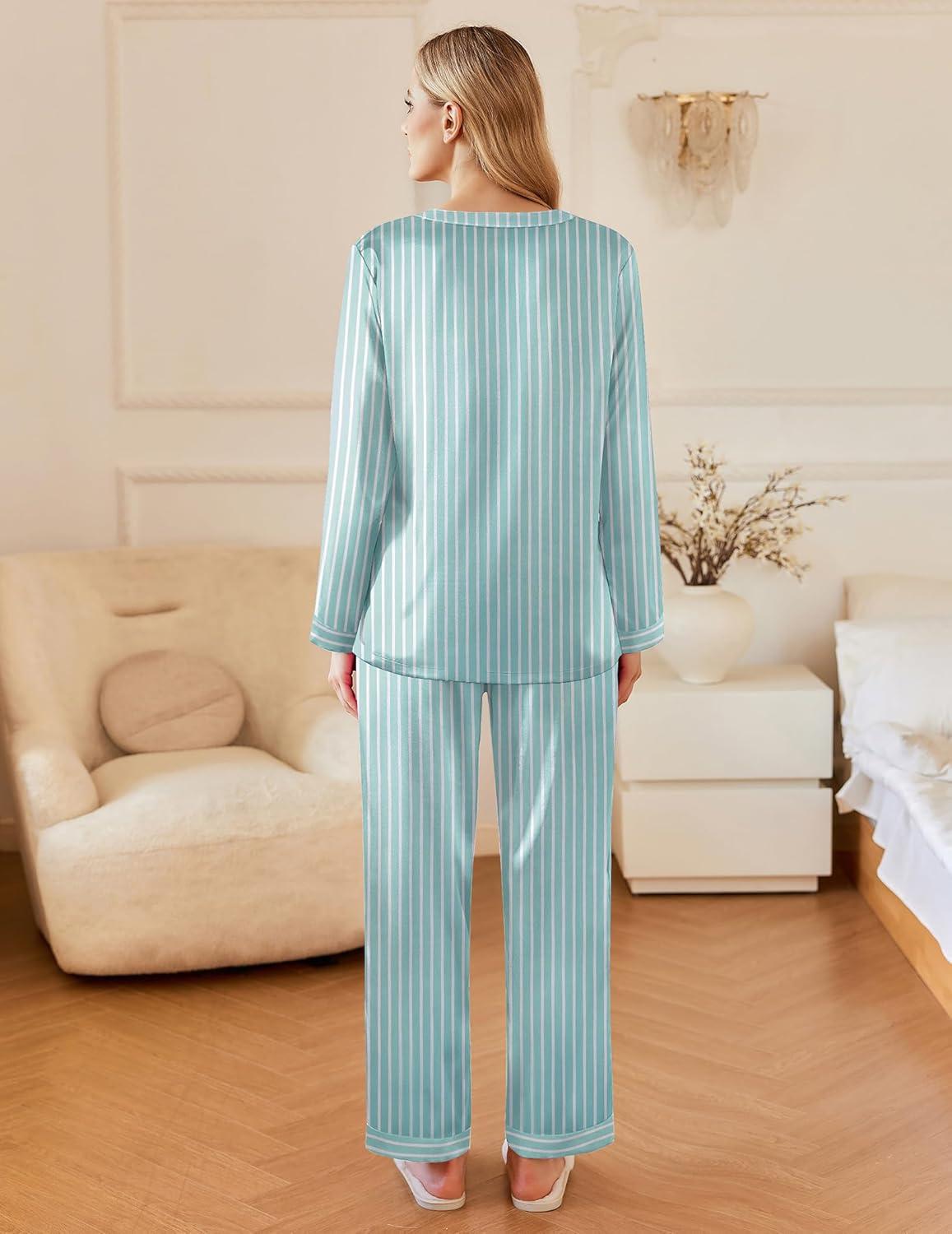 imageEkouaer Silk Pajamas For Women 2 Piece Set Satin Pjs Long Sleeve Button Up Sleepwear Comfy Lounge setsGreen Striped