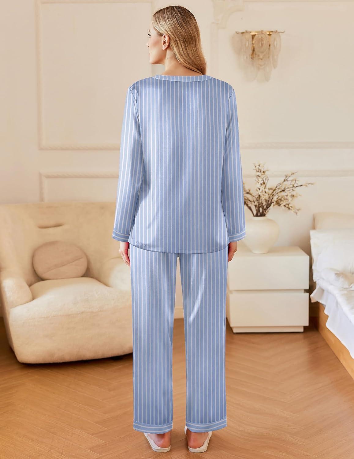 imageEkouaer Silk Pajamas For Women 2 Piece Set Satin Pjs Long Sleeve Button Up Sleepwear Comfy Lounge setsGrey Blue Striped