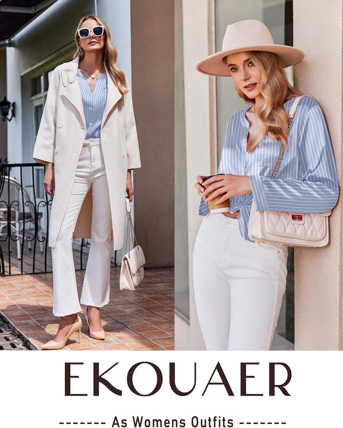 imageEkouaer Silk Pajamas For Women 2 Piece Set Satin Pjs Long Sleeve Button Up Sleepwear Comfy Lounge setsGrey Blue Striped