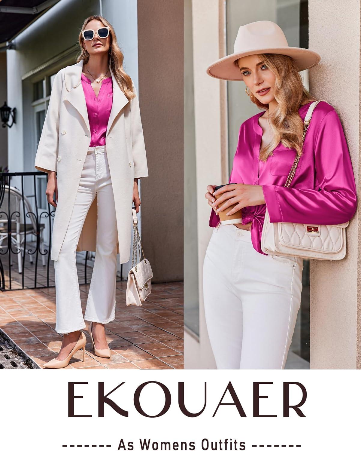 imageEkouaer Silk Pajamas For Women 2 Piece Set Satin Pjs Long Sleeve Button Up Sleepwear Comfy Lounge setsHot Pink