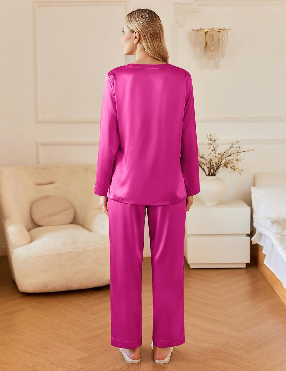 imageEkouaer Silk Pajamas For Women 2 Piece Set Satin Pjs Long Sleeve Button Up Sleepwear Comfy Lounge setsHot Pink
